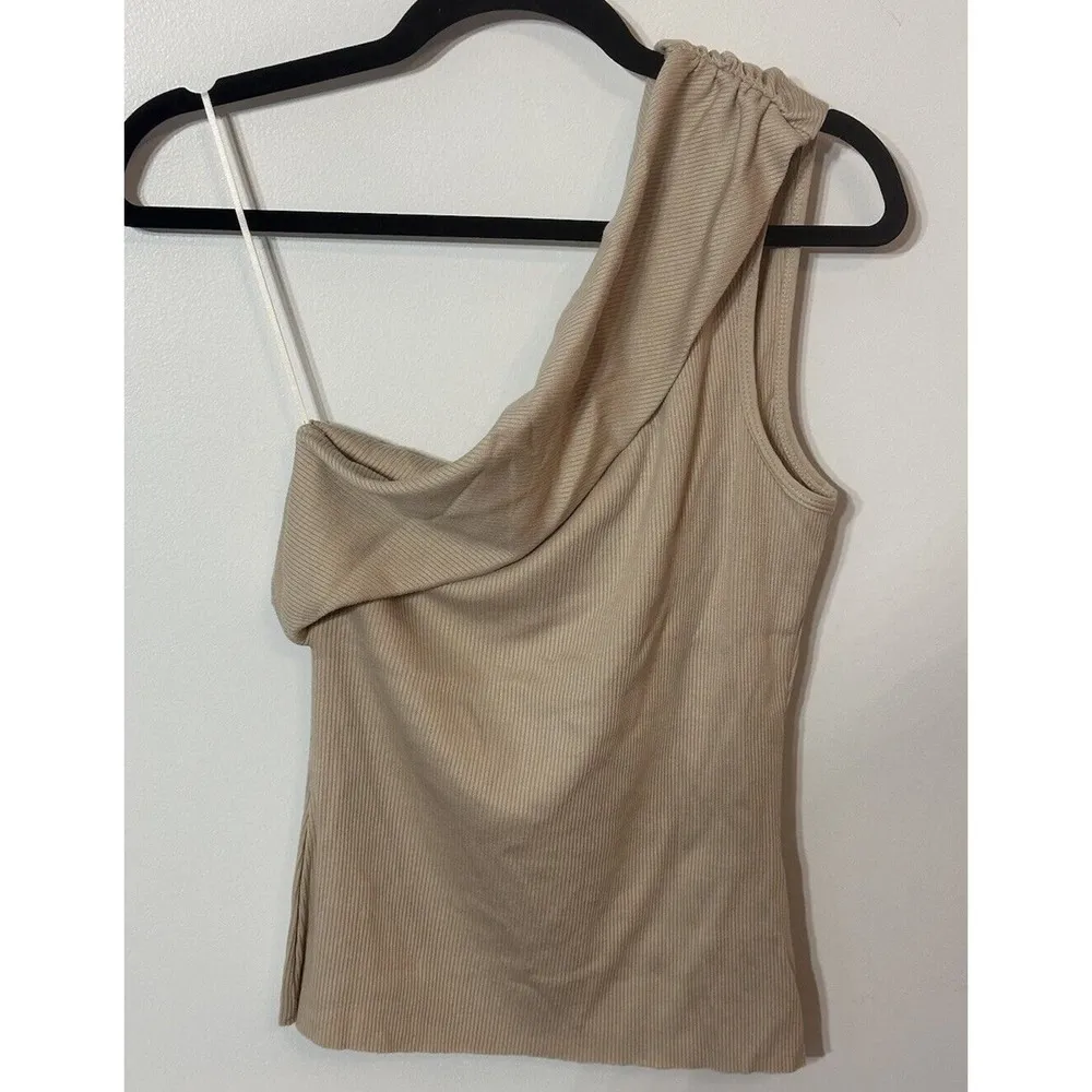 The Range Folded One Shoulder Tank Top Ribbed Jersey Knit Saddle Tan Medium NEW - Image 4