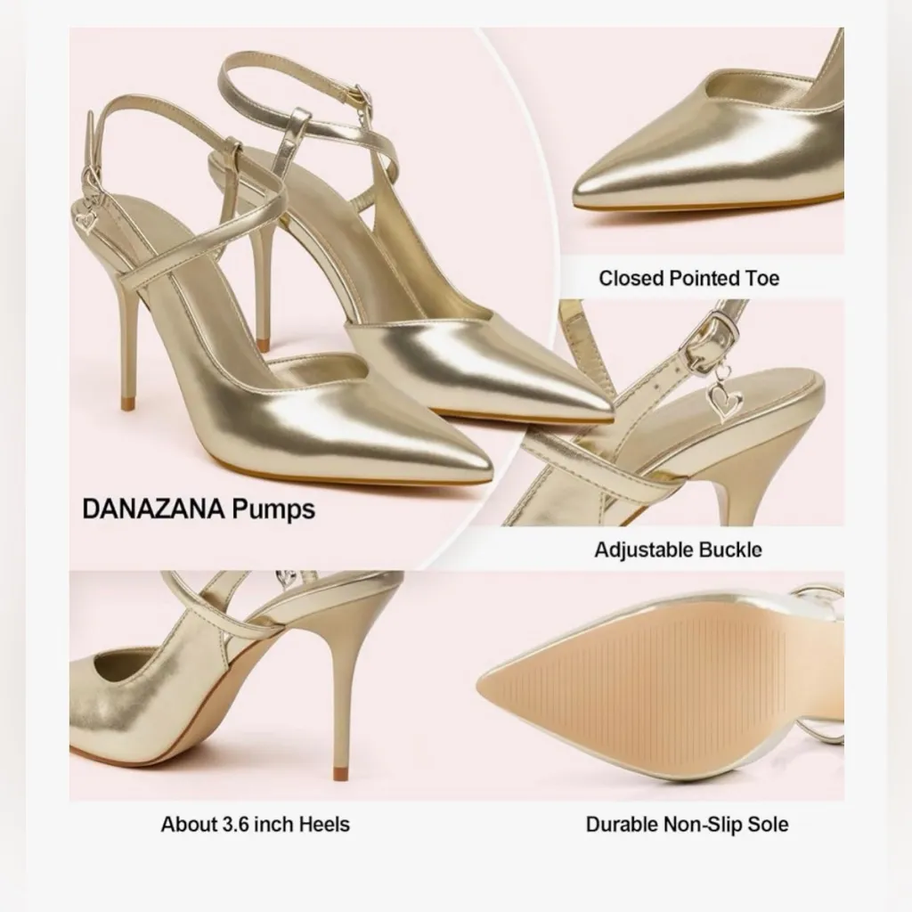 NEW Gold Ankle Strap Closed Pointed Toe Pumps Slingback Heel Comfortable 8 - Image 2