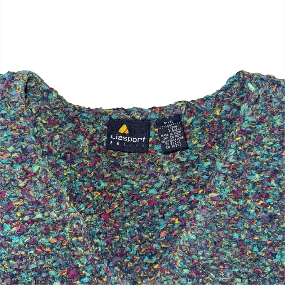 VTG 90s Liz Sport Multicolor Cotton Ribbon Knit Chunky Button Vest Petite Small Green Size undefined - Image 5