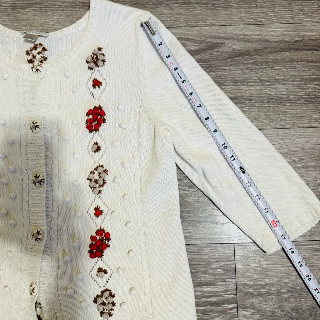 Christopher & Banks Cream Embroidered Floral Button Down Cardigan Women's Size L - Image 9