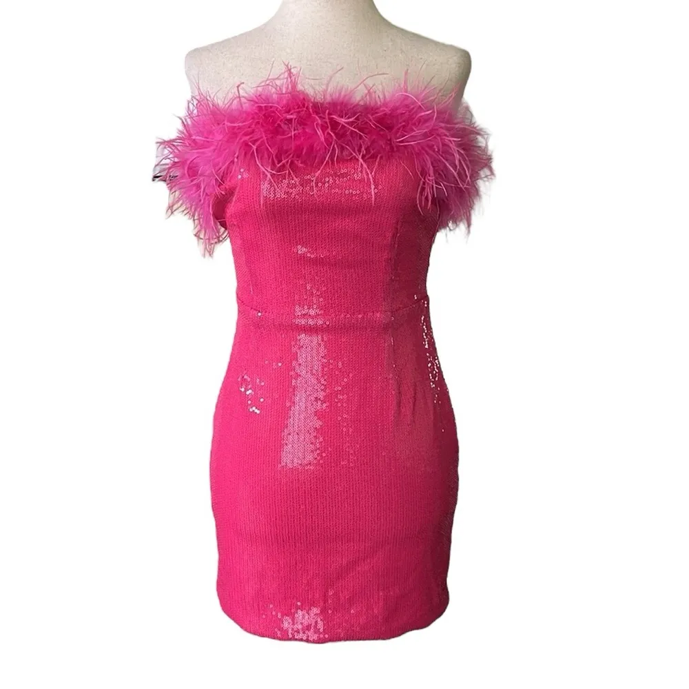 Pink Sequined Feather Trim Mini Dress Size M - Image 4