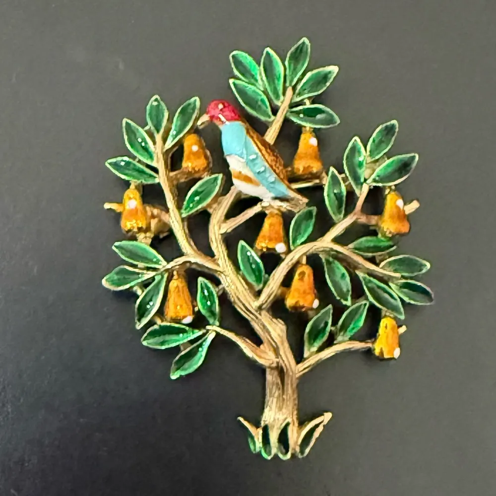 Vintage TRIFARI A Phillippe Tree Of Life Partridge Bird in Pear Tree Enamel Pin - Image 2