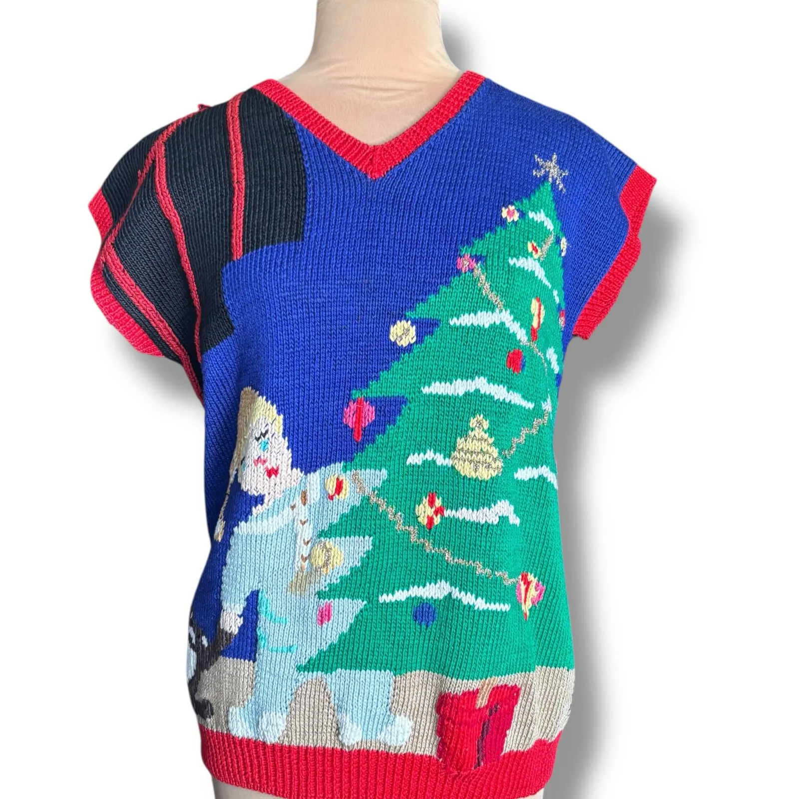 Vintage Berek 80s Hand Knit Christmas Vest Santa Tree Scene Pima Cotton Festive Blue Size L - Image 11