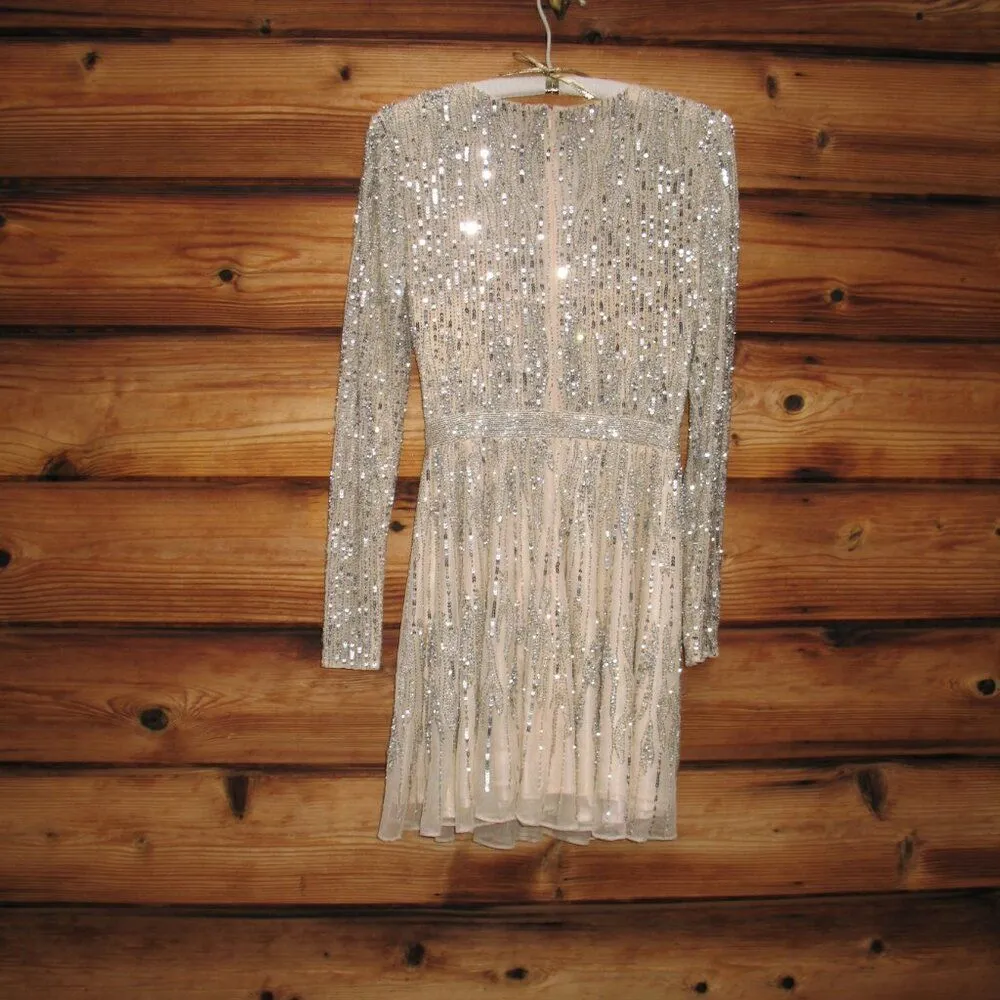 Mac Duggal 5923 Womens Cream Silver High Neck Long Sleeve A Line Mini Dress - Image 9