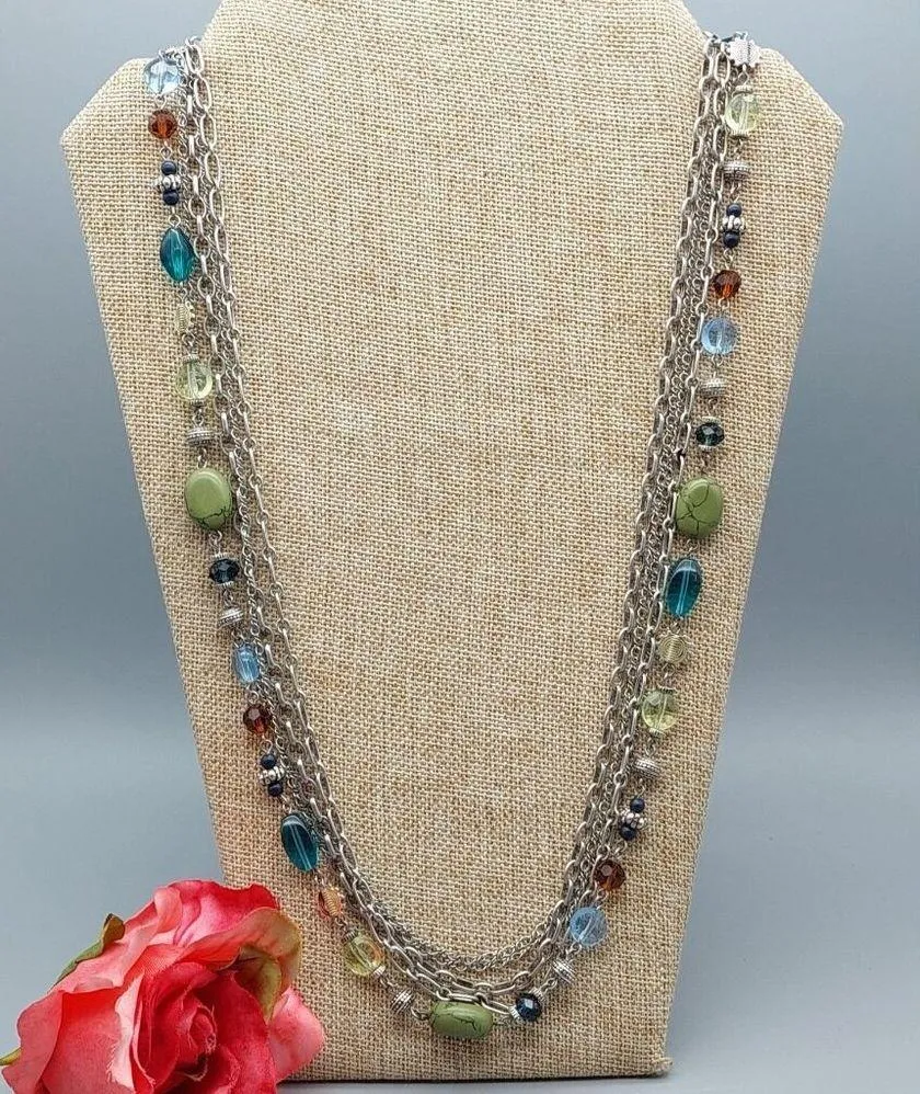 Premier Designs Silver Tone Multi Strand Chain Necklace Colorful Bead Stations - Image 3