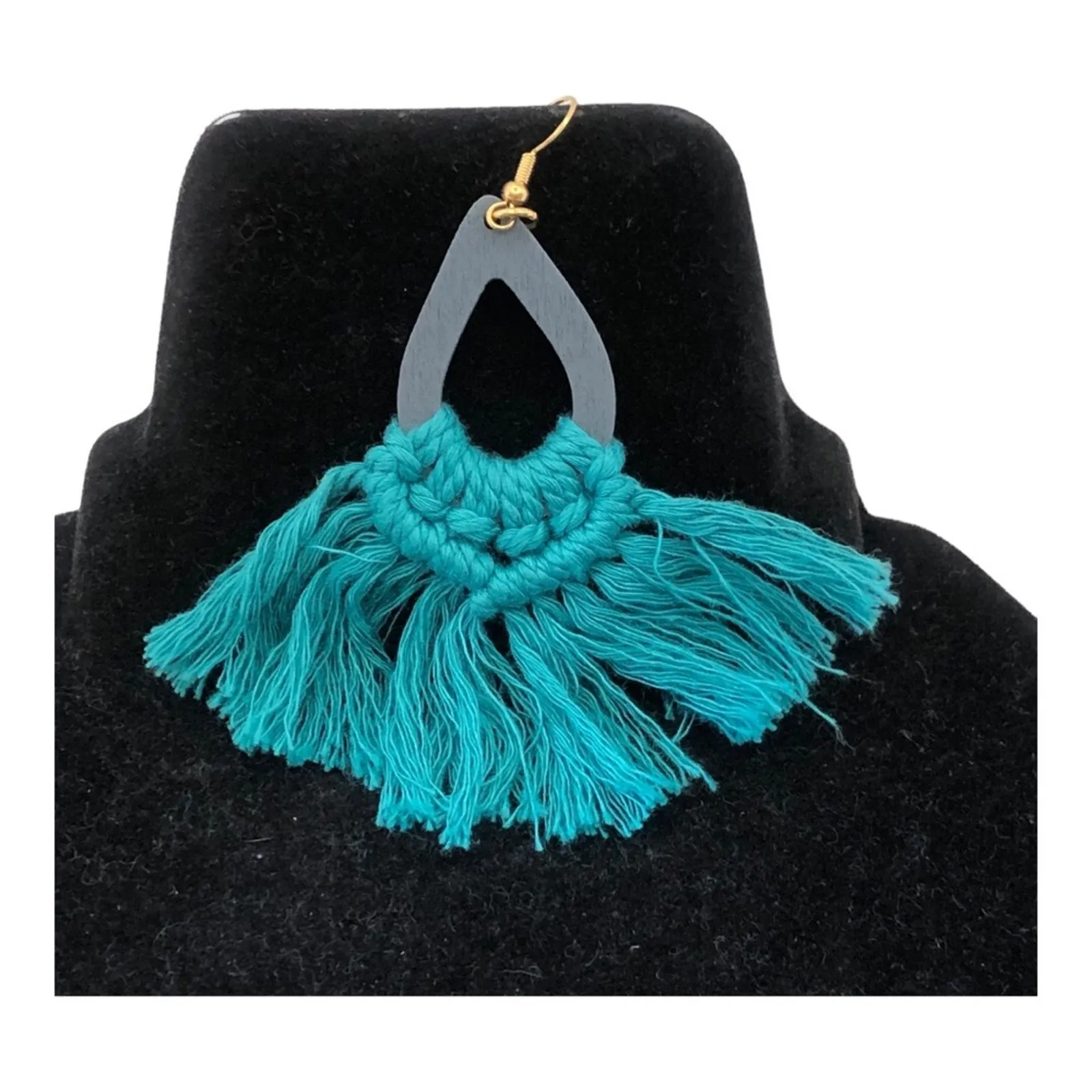 Green Macrame Fan Fringe Cutout Colored Wood Teardrop Bohemian Dangle Earrings - Image 9