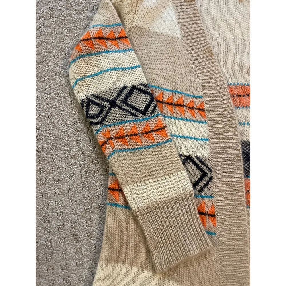 Woven Heart Brown Knit with Orange & Blue Aztec Print Open Cardigan Medium - Image 3