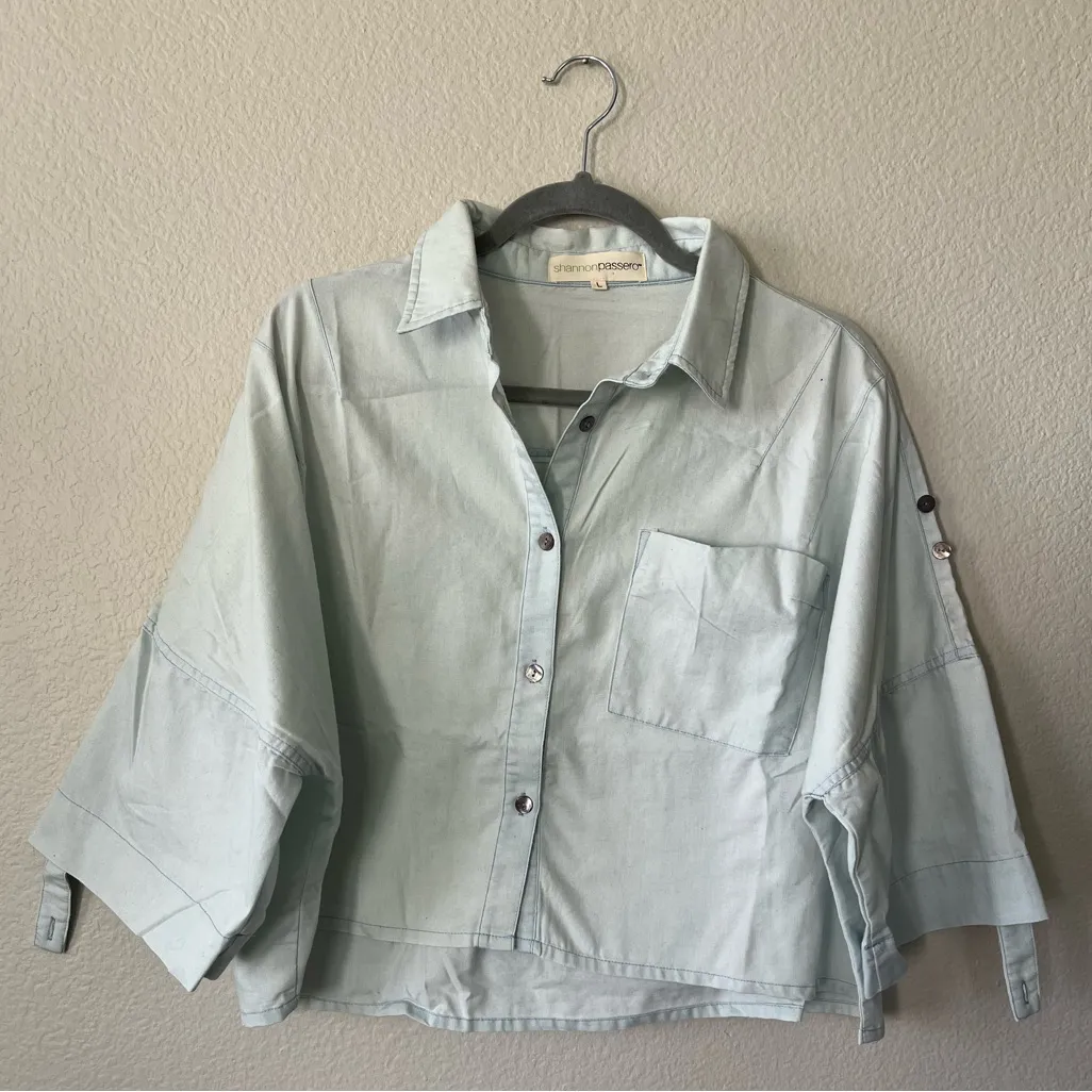 Shannon Passero Blue Boxy Button Down Shirt With Roll Up Sleeves Women's Size L Size L - Image 1