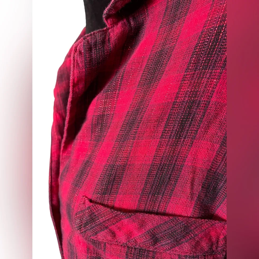 Victoria’s Secret Red Sparkly Metallic Plaid Flannel Festive Holiday Button Top - Image 3