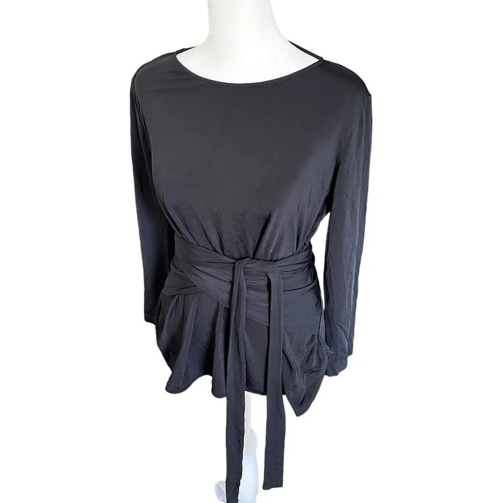 MM Lafleur Walker Top Black Silk Blend Knit Crepe Waist Tie Blouse M - Image 9