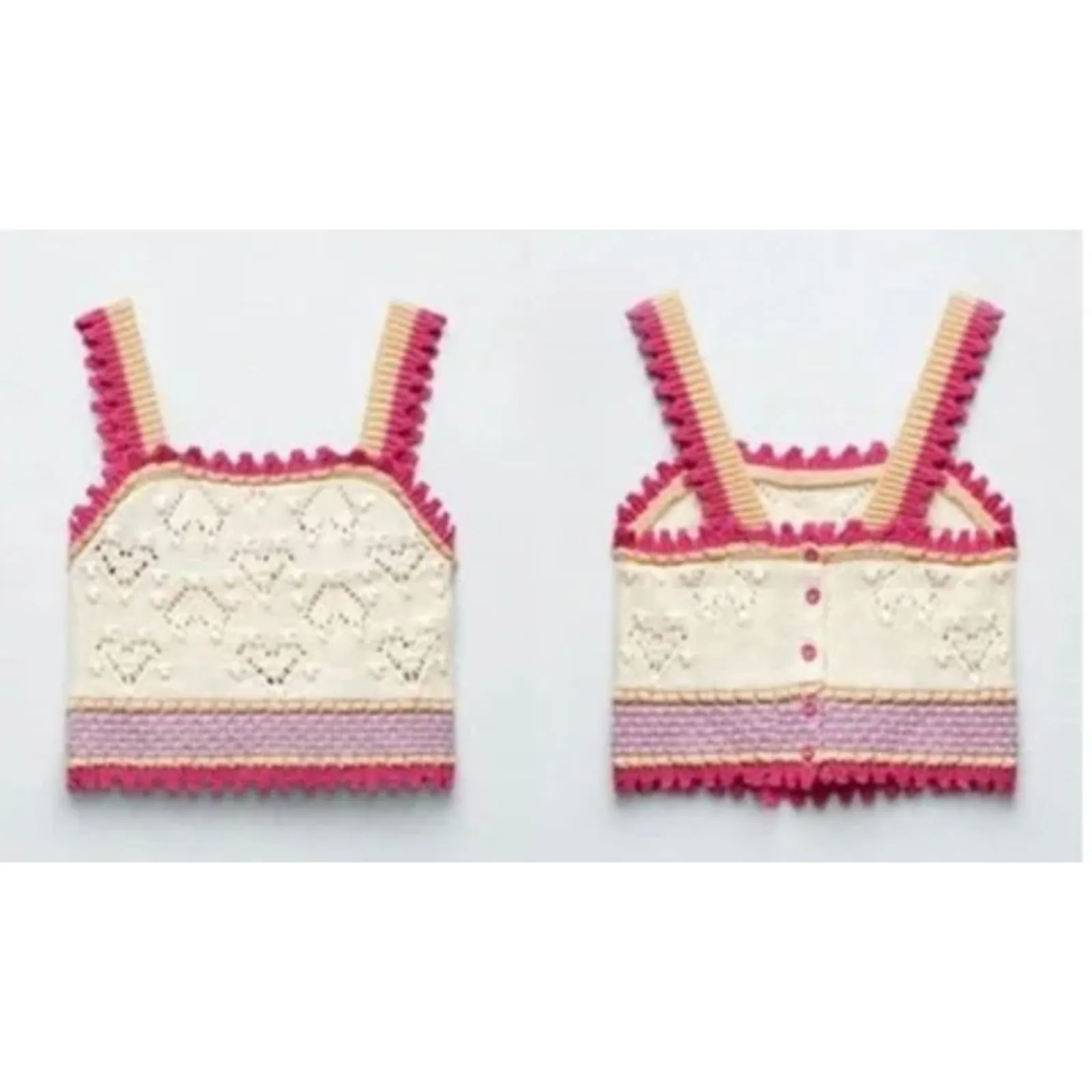 Zara Pink Cream Cottagecore Crochet Knit Heart Top Size Small NWT - Image 2