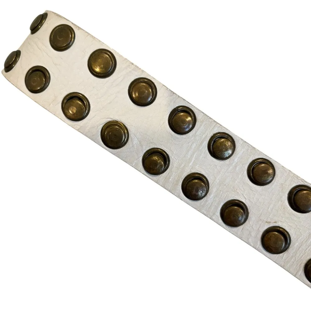 Vintage Studded White Leather Brass Studded Belt Brass
Buckle Rockabilly, Sz M - Image 11