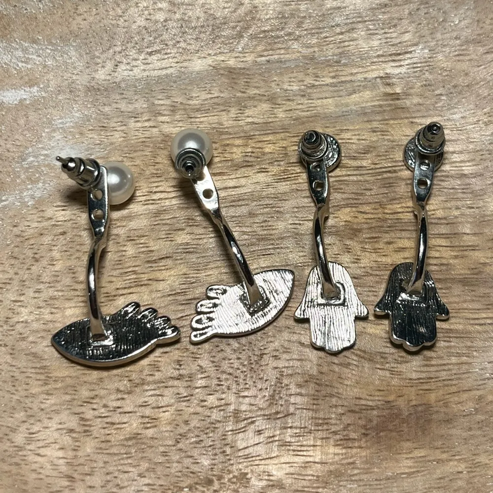 Hamsa & Evil Eye Silver Tone Jacket Earrings - Image 8