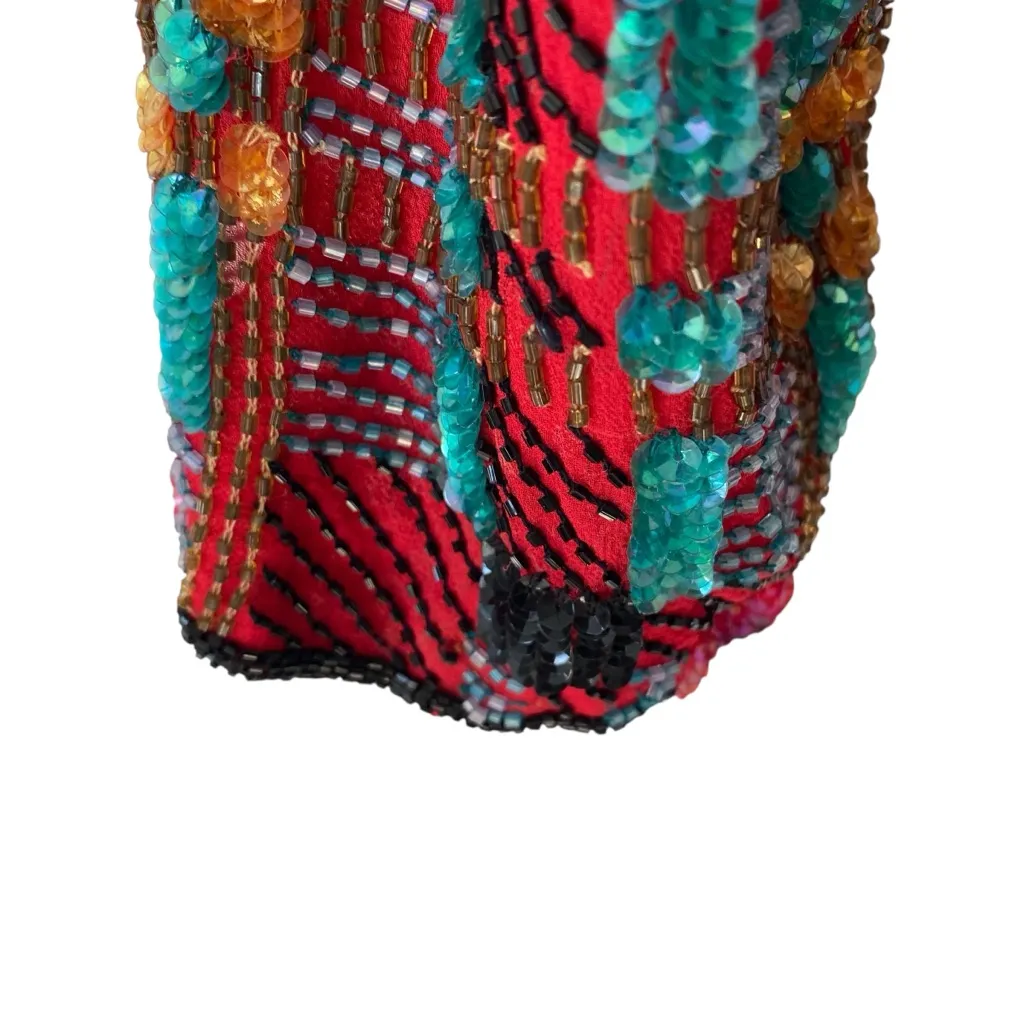 Vintage NiteLine Della Roufogali Sequin Beaded Red Black Plaid Jacket Blazer Size L - Image 4