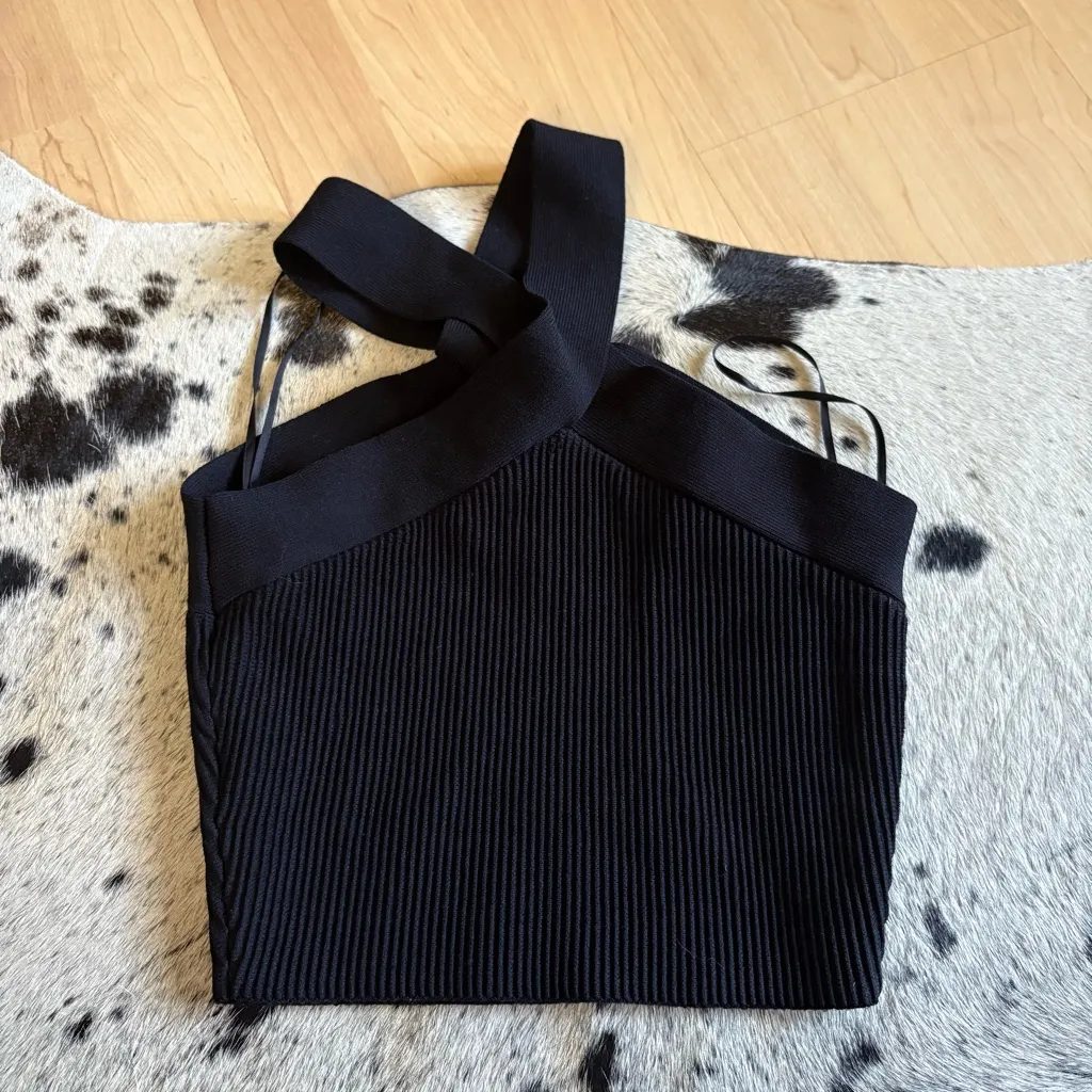 ARITZIA BABATON‎ Black Sculpt Knit Criss Cross Cropped Ribbed Tank Top Size S - Image 4