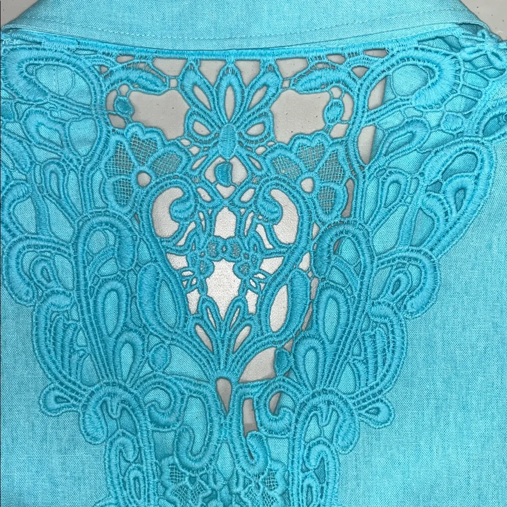 Susan Graver Sz 3X Blue - Back Lace Detail Linen Blend Decorative Button Jacket - Image 5