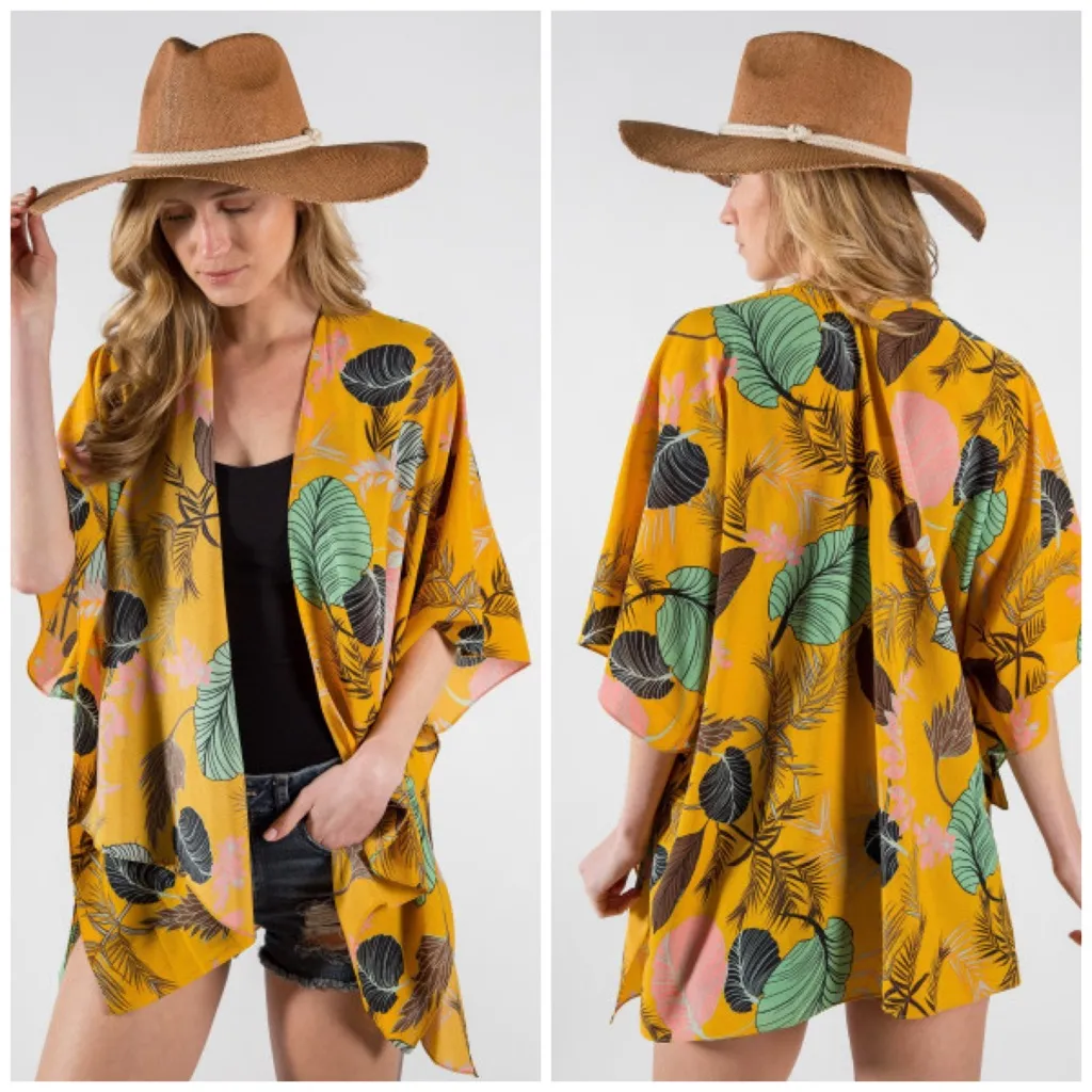 Do Everything in Love Mustard Tropical Leaf Kimono Boho Cover Up One Size - Image 2