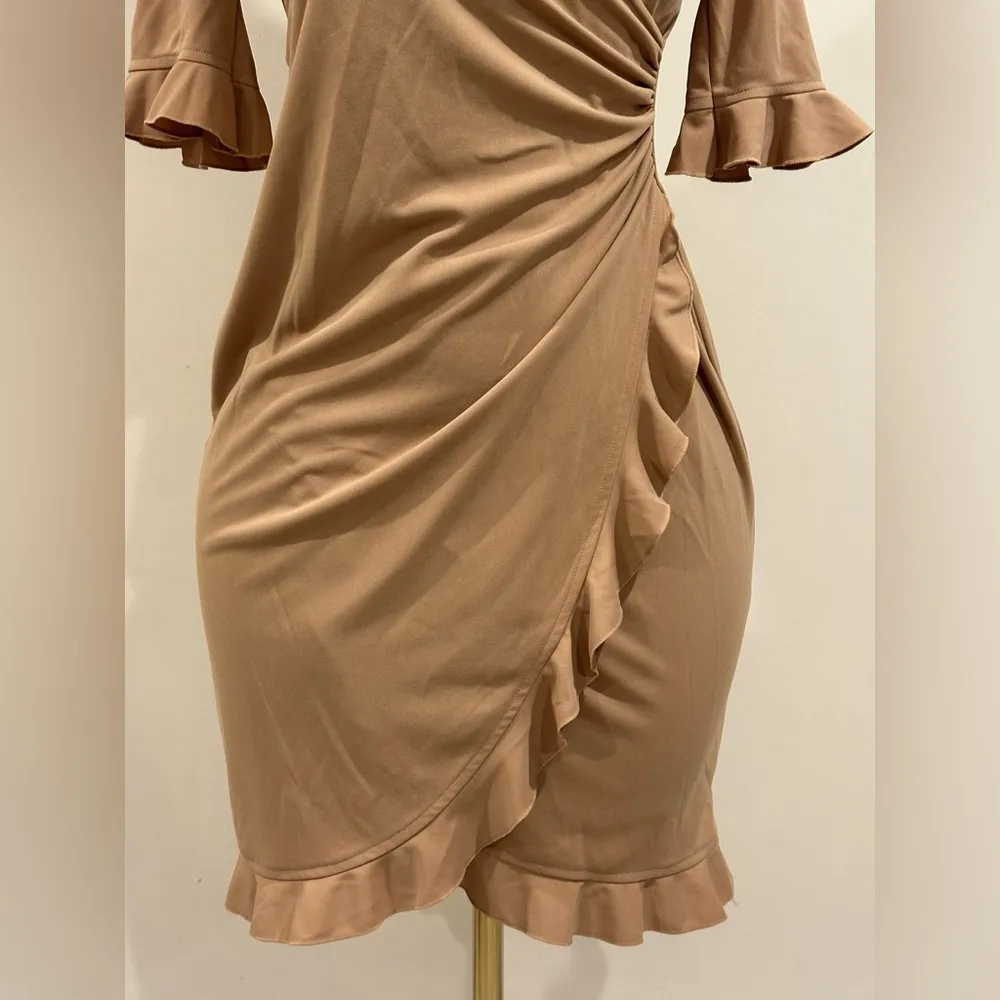 Express  Golden Yellow V Neck Wrap Look, Ruffle Edges Draped Midi Dress Sz S - Image 2