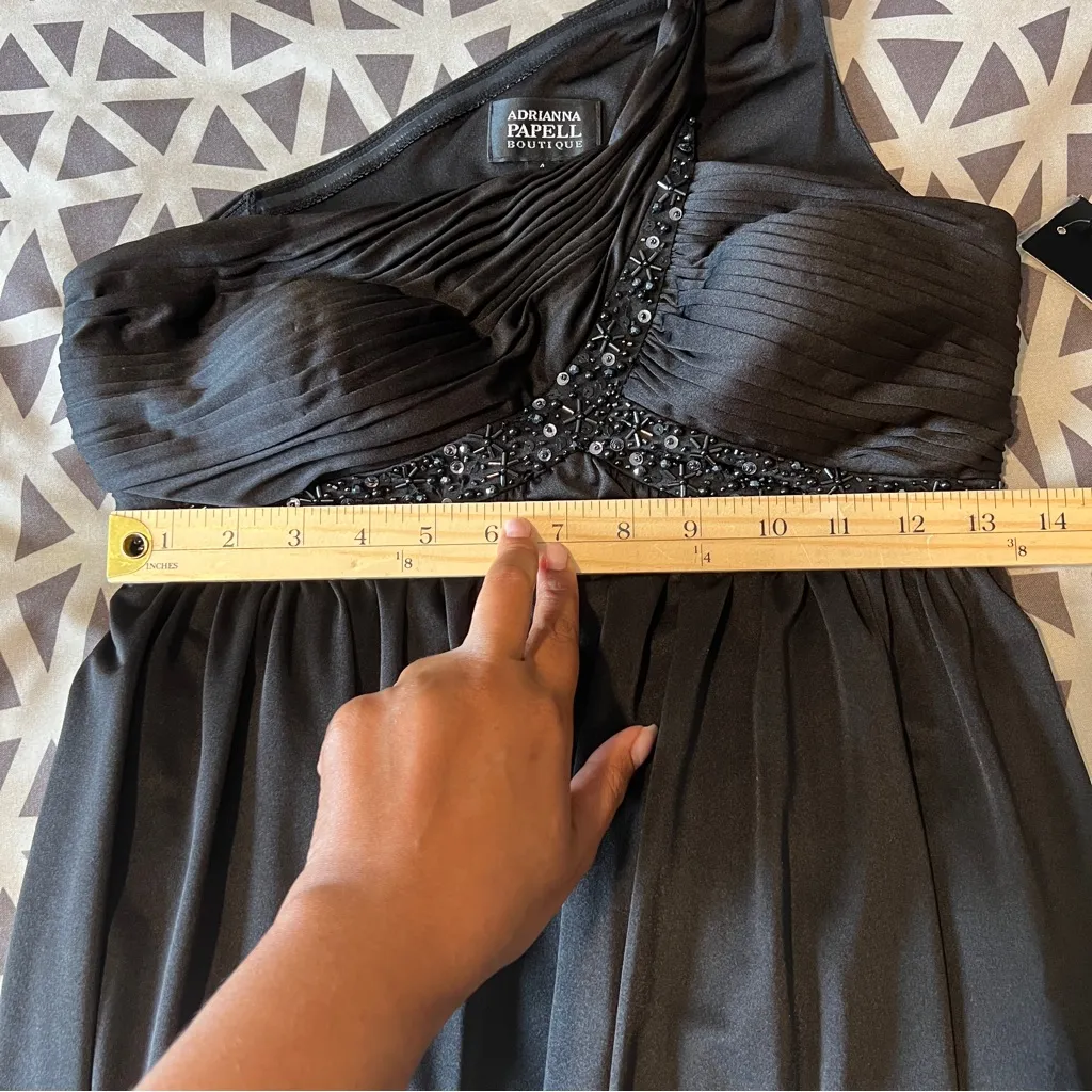 Adrianna Papell Boutique Elegant Satin Black Beaded One-Shoulder Babydoll Dress‎ - Image 13