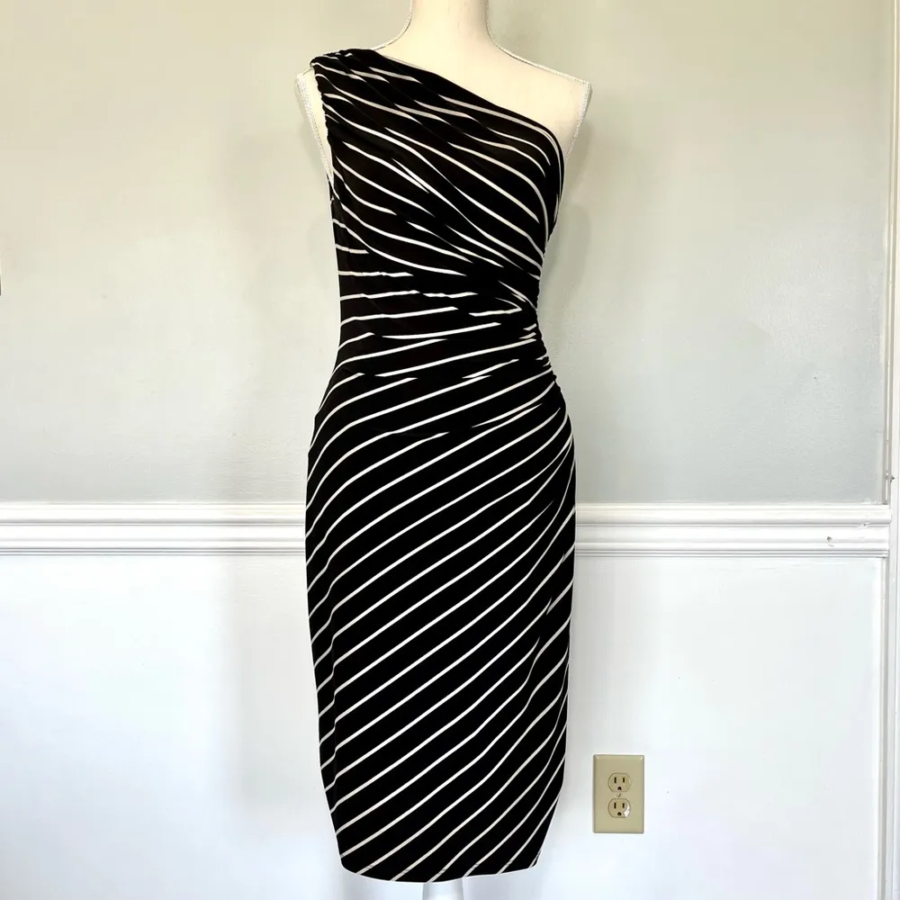 Lauren Ralph Lauren One Shoulder Striped Side Ruched Dress Size 2 - Image 2