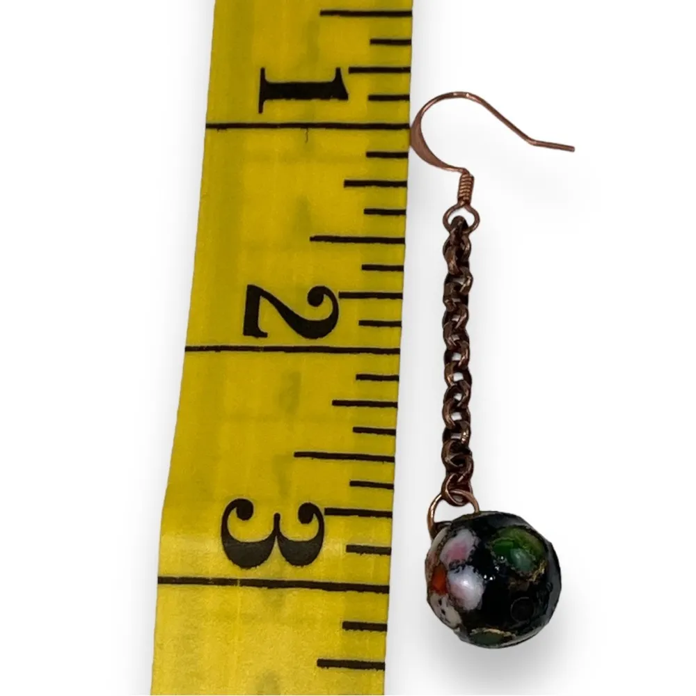 VTG Cloisonne Floral Bead Copper Chain Jewelry Retro Earrings Black - Image 5