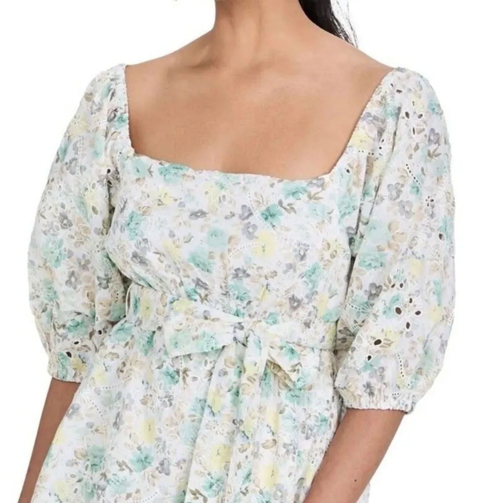 MINKPINK Irwin White Eyelet Mint Green Yellow Floral Mini Dress XS Puff Sleeves - Image 3