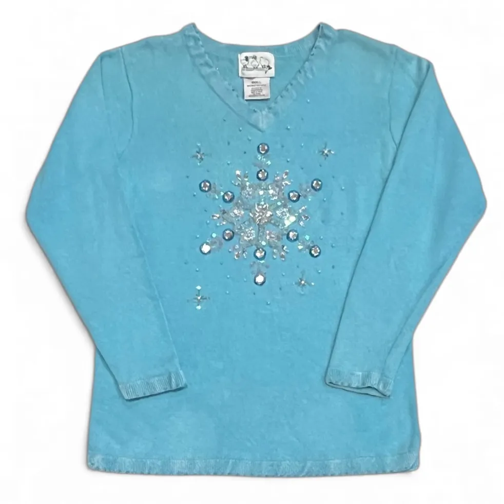 Quacker Factory Light Blue Sequins and Rhinestones Snowflakes Sweater Size Small - Image 1