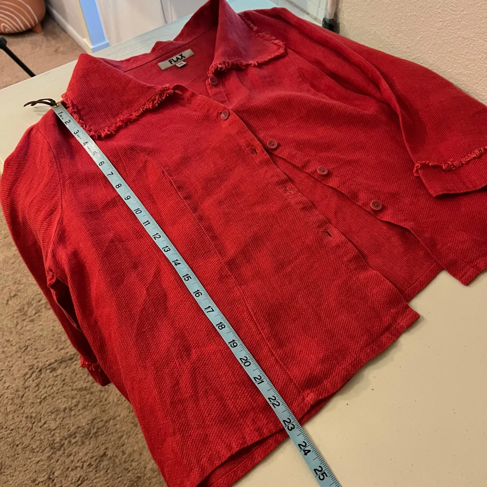 FLAX Red 100% Linen Textured Fringe Trim Oversized Button Front Jacket Size 1X - Image 9