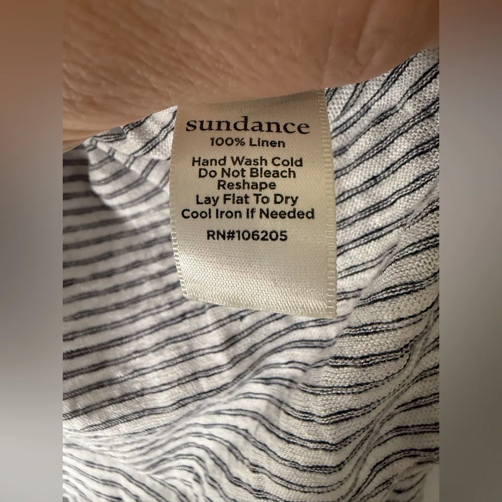 Sundance‎ White Black Stripe V Neck Crochet Detail Trim Linen Top Large - Image 4