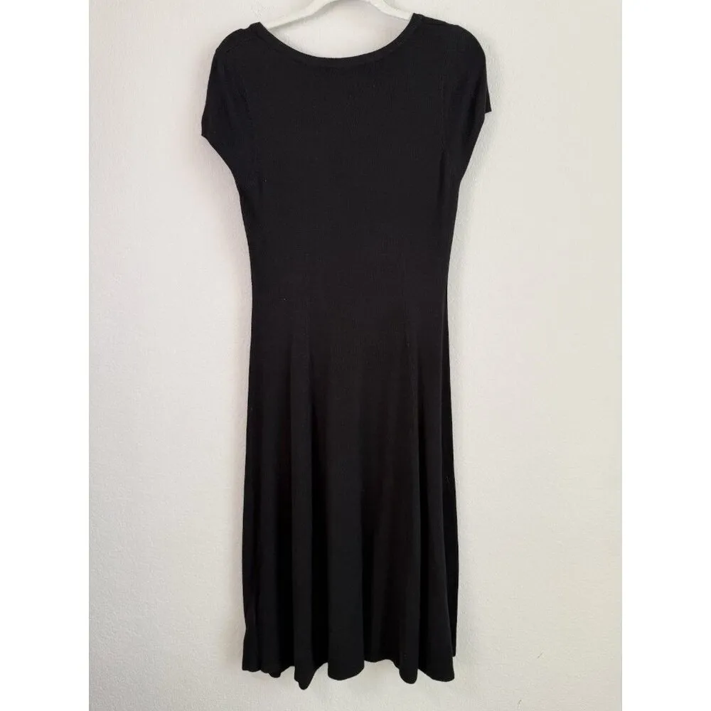 ZARA Women’s Black Light Knit Midi Flare Dress Plunging‎ U-Neck Size Large - Image 7