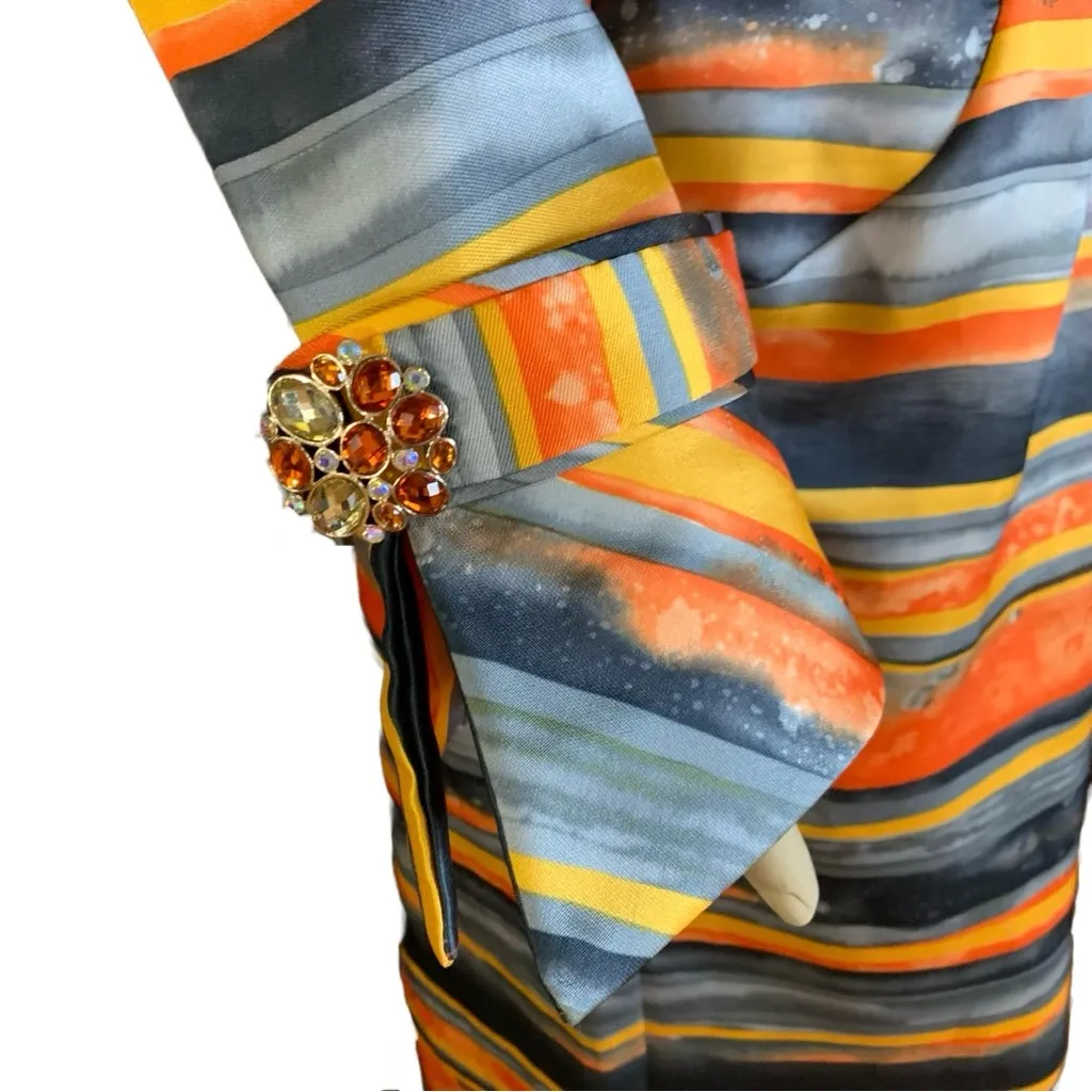 LILLY & TAYLOR ORANGE, YELLOW & GRAY STRIPED WIGGLE DRESS WITH JEWEL CUFFS (8) - Image 6
