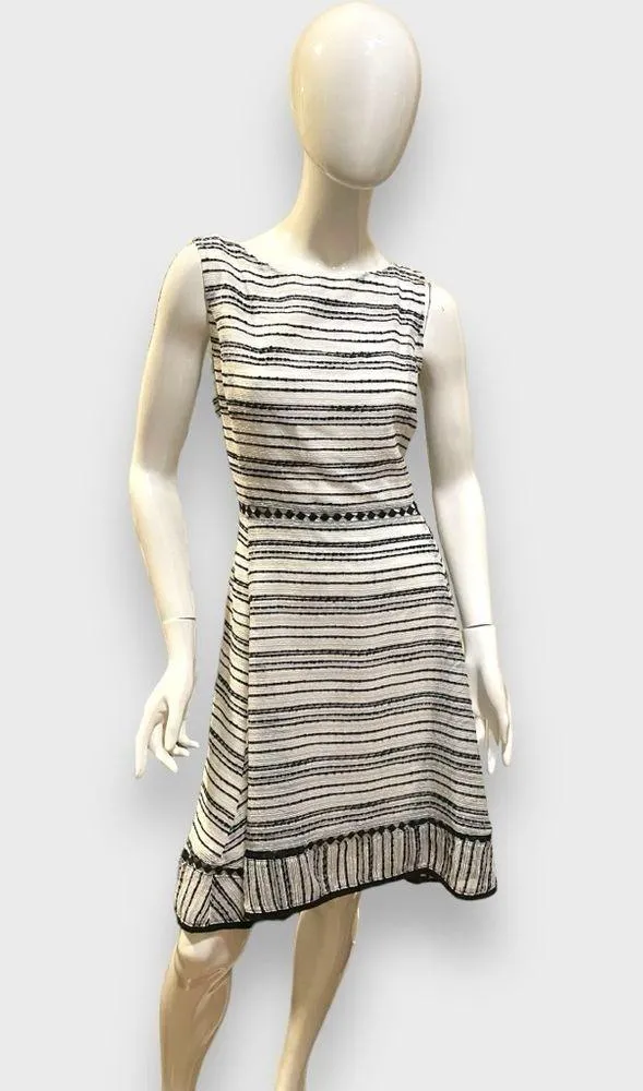 Taylor Sleeveless Ivory Black Tweed Striped Fit N Flare Midi Dress Size 10 NWT White - Image 4