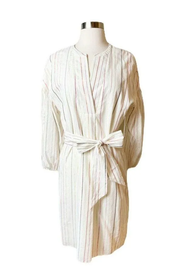 JOIE Shift Shirt Dress Semra Ivory Shimmery Stripes Porcelain Cotton Belted XS - Image 5