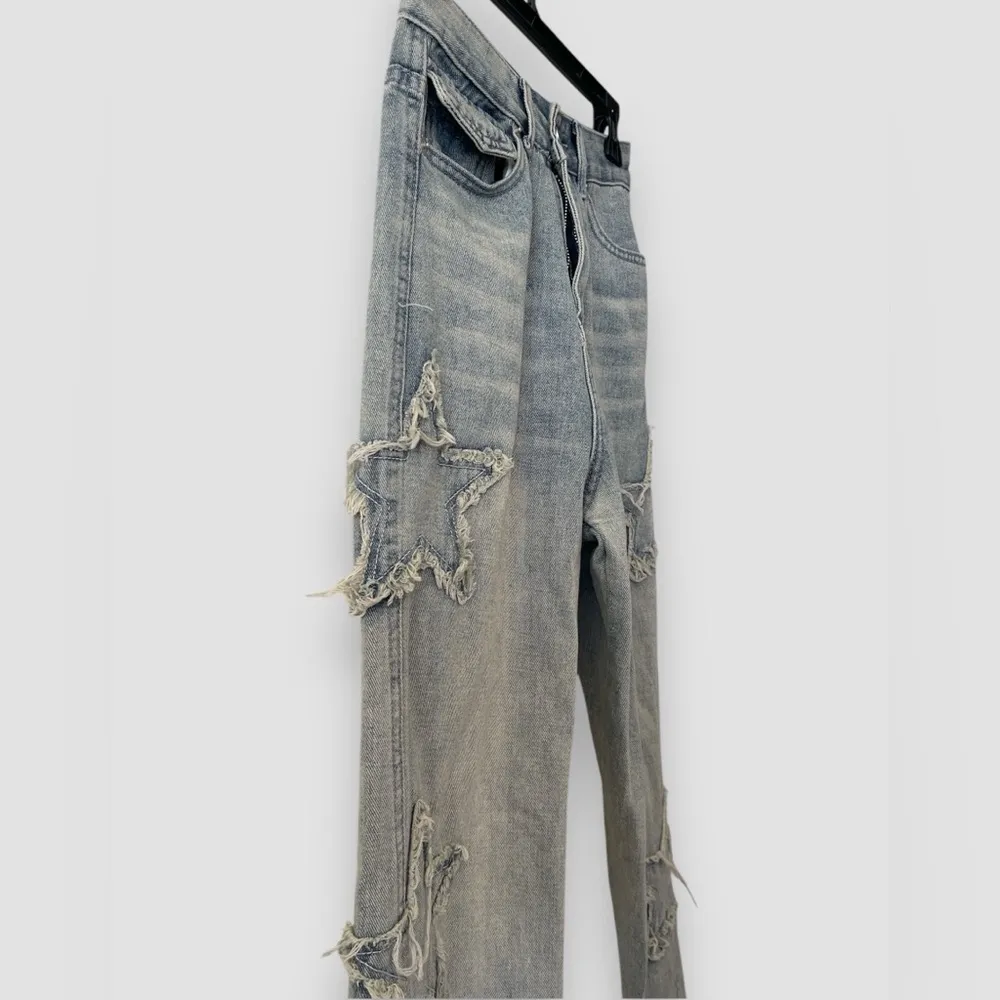 Women Loose Fit Boyfriend Jeans Baggy Y2K Straight Leg Star Patchwork Size Small Blue - Image 6