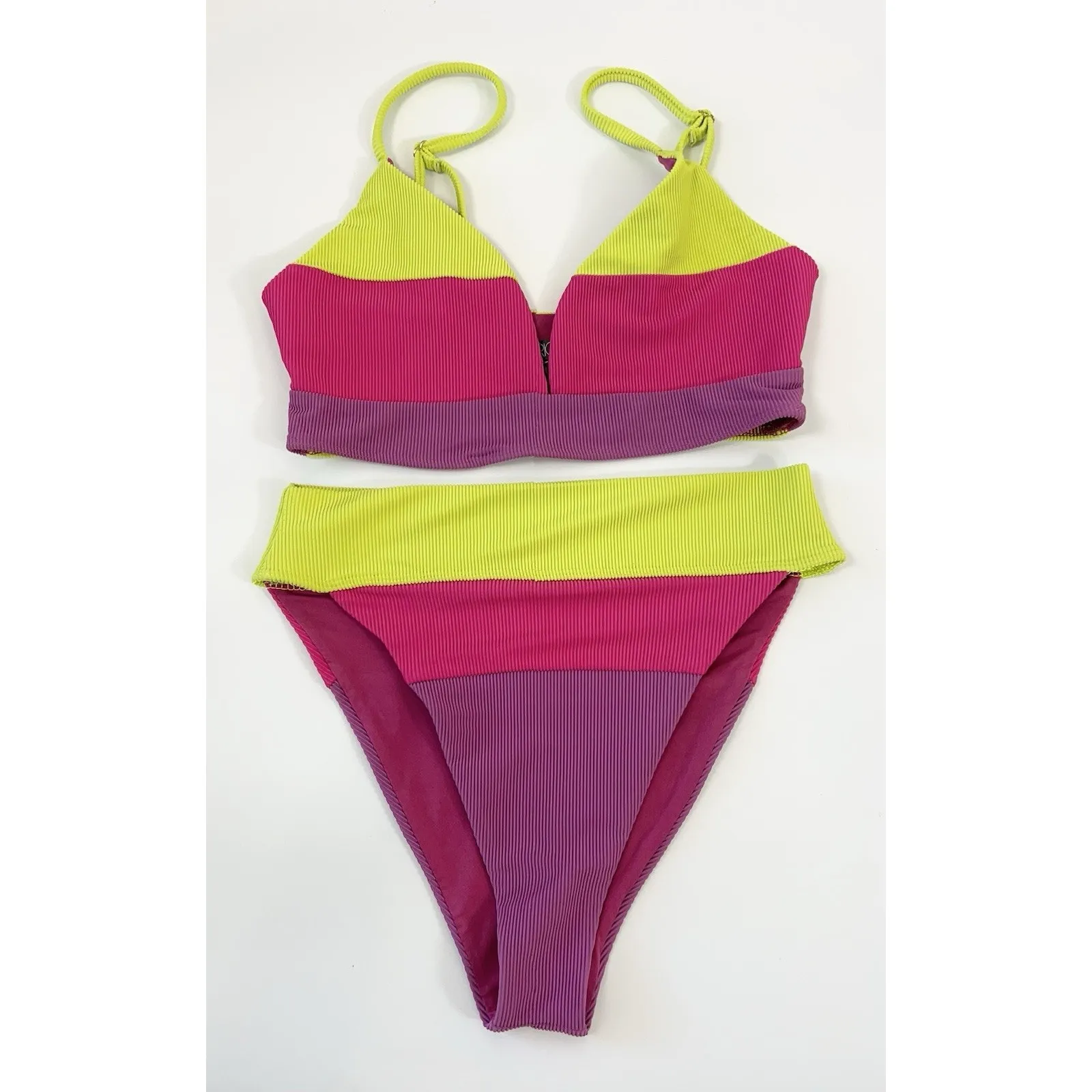 Beach Riot Ribbed Colorblock Bikini Set Lime Pink Purple High Waisted Size M - Image 3