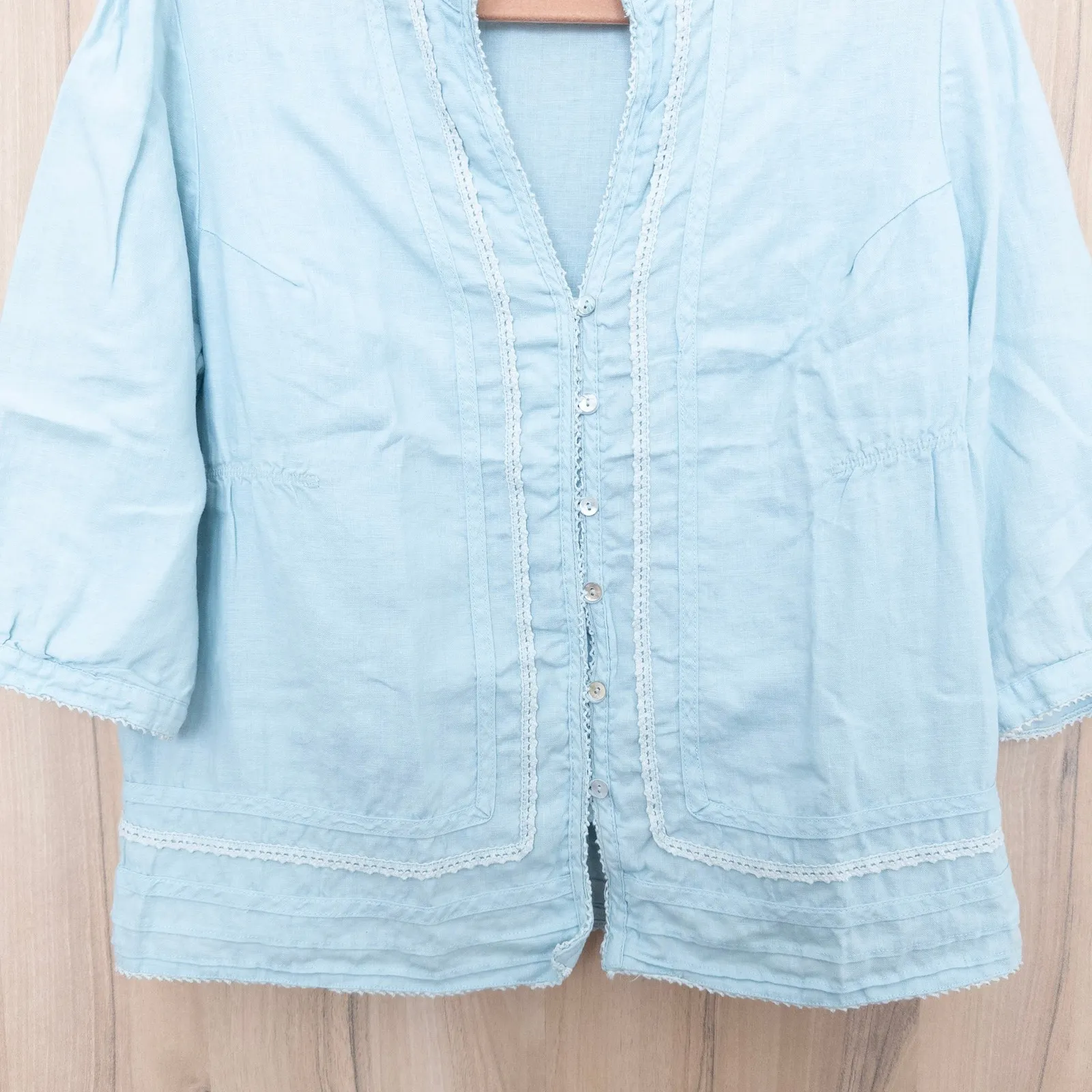 Tweeds Womens Linen Blouse Size L Blue Cottage Boho Lace Trim Romantic Coastal Size L - Image 3