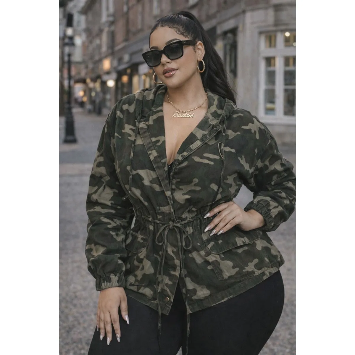 Y2K Oversized Cinch Hooded Utility Jacket 3X Green Camo Biker Gorpcore Street - Image 2