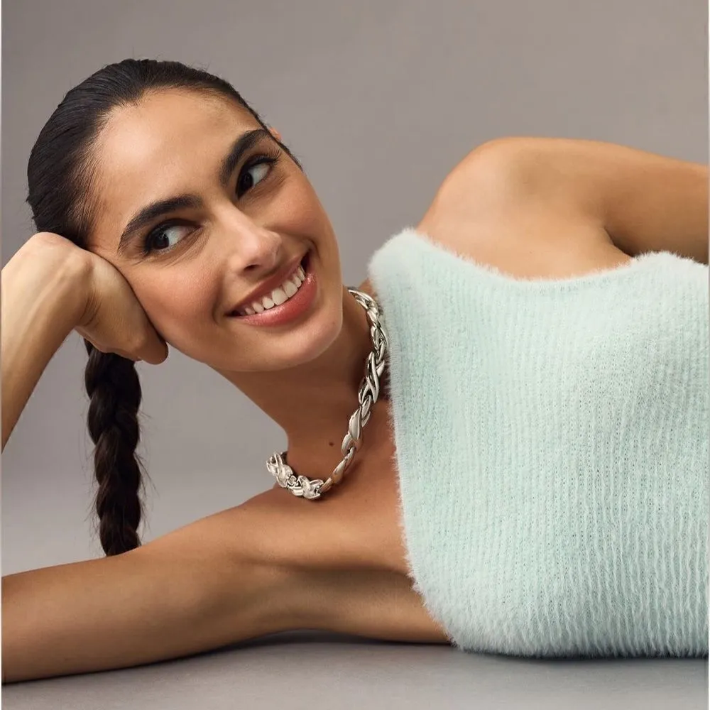 By Anthropologie One-Shoulder Eyelash Sweater Tank Sky Mint Green L NWT - Image 4