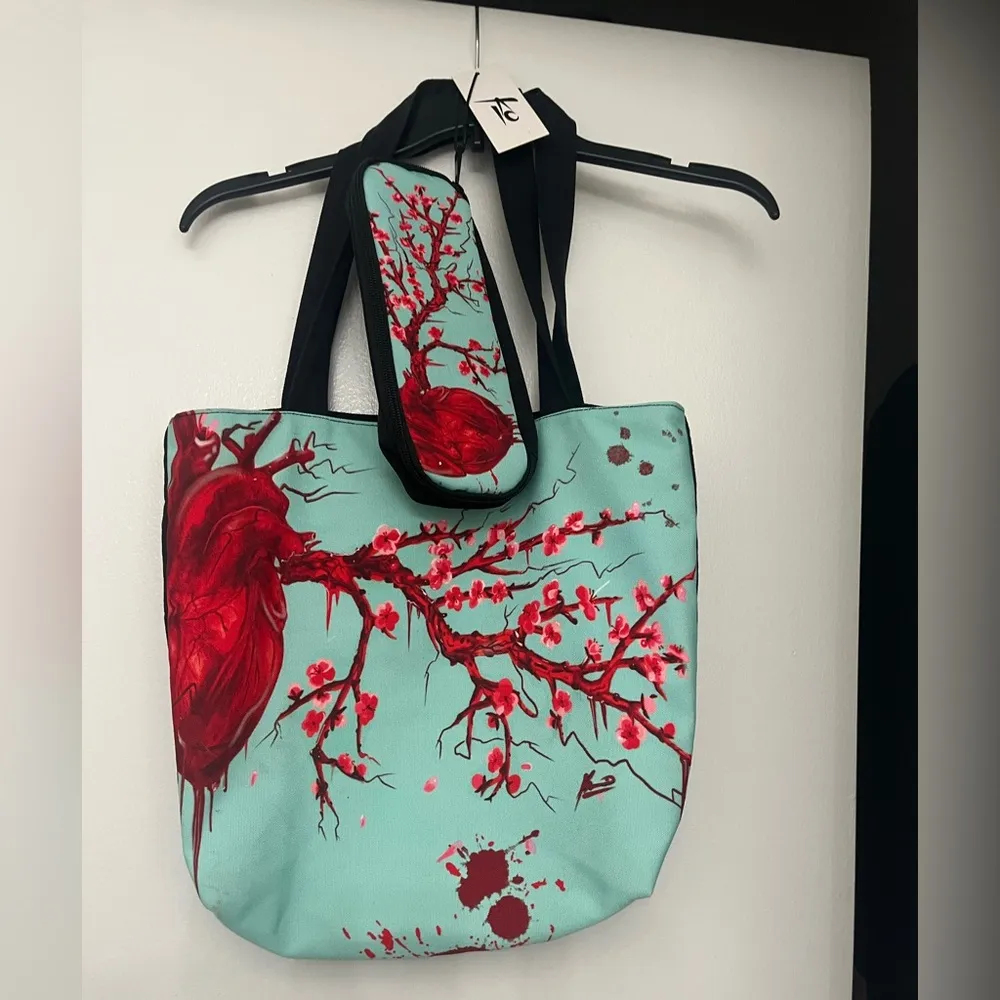 Cherry Blossom Heart Tote and makeup bag Red - Image 4