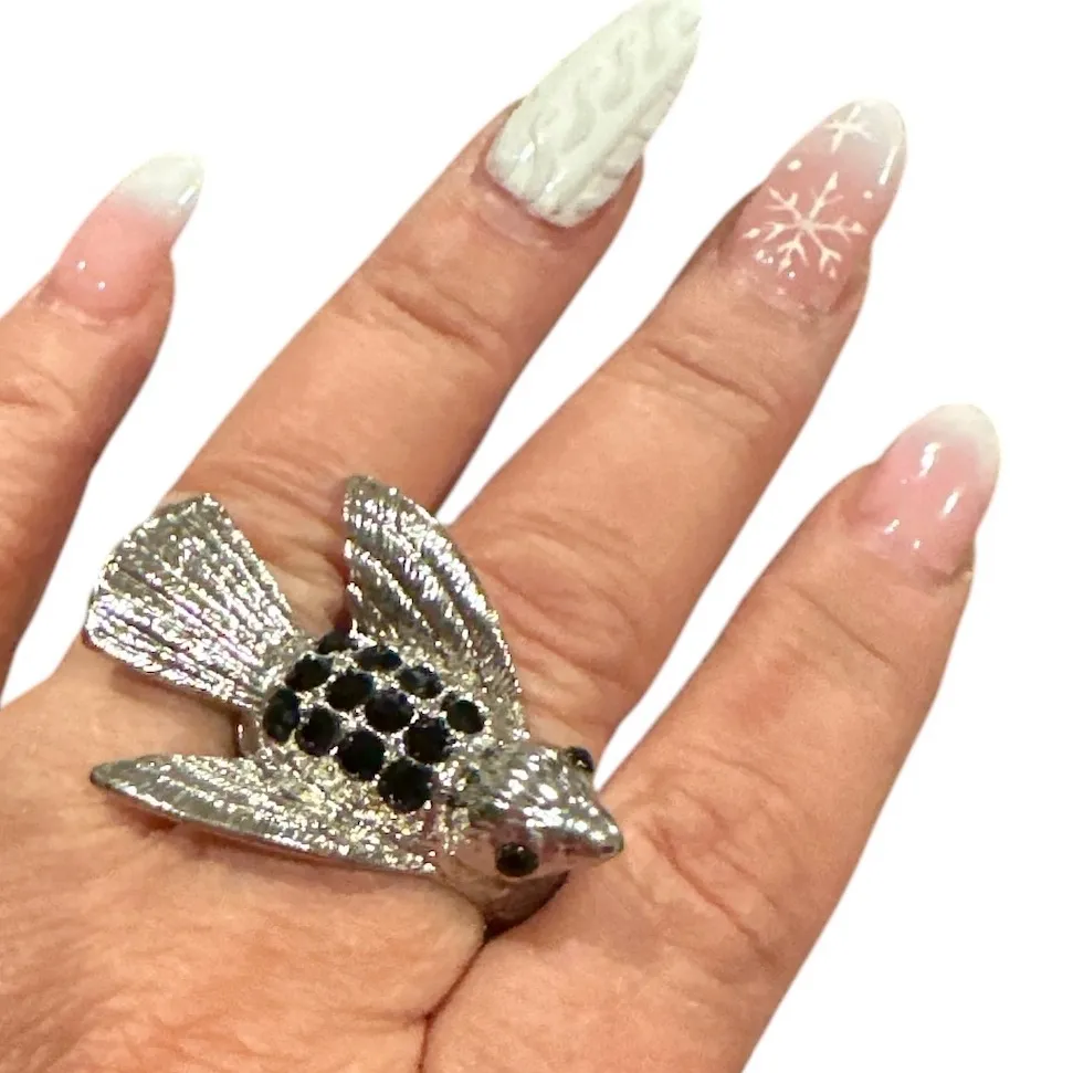 BIRD RING SILVERTONE BLACK BLING - Image 3