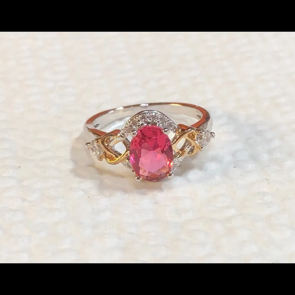 Ruby New Oval  CZ SilverTone&GoldFilled Ring S5 3/4 - Image 3