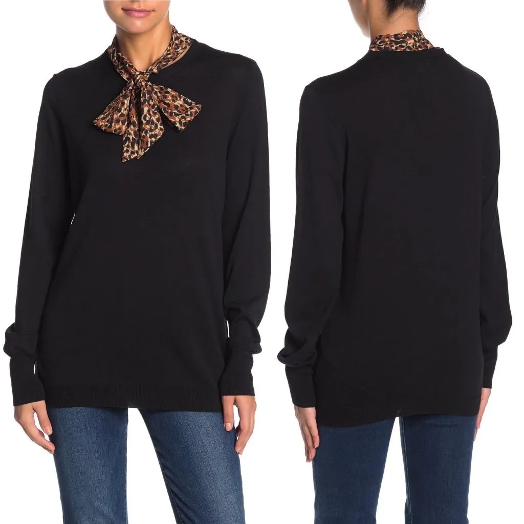 14th & Union Tie Scarf Knit Pullover Sweater Size Medium Black Animal Print New - Image 8