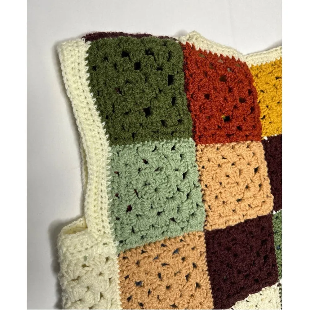 Vintage OOAK Handmade Crocheted Patchwork Hippie crop Vest Multicolor medium Brown - Image 13