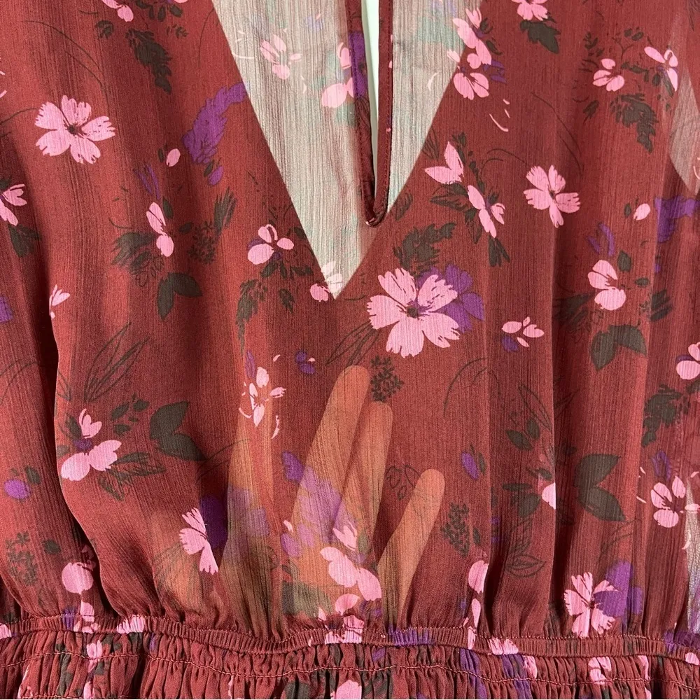 Rowa Large Sheer Sleeve Back Floral Smocked Skirt Faux Wrap V Neck Mini Dress Red - Image 5