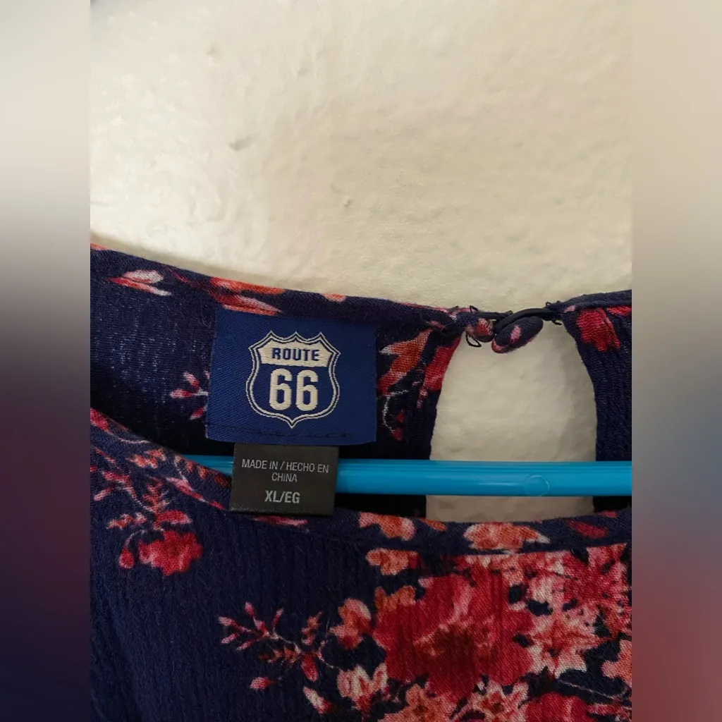 Womens Route 66 Blue Floral Blouse Size XL Sleeve Large Neck Round With Button - Image 8