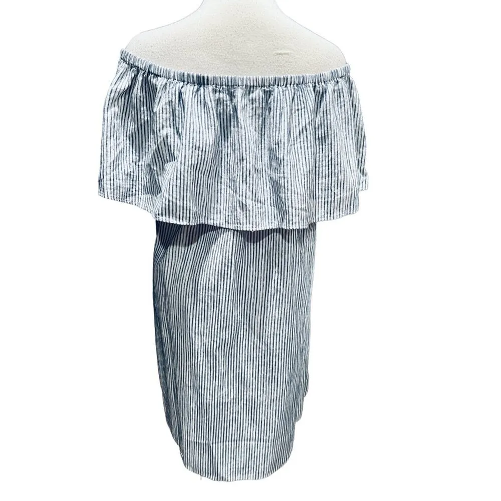J. Crew Blue & White Stripe Large Ruffle Off Shoulder Knee Length Dress Size L - Image 5