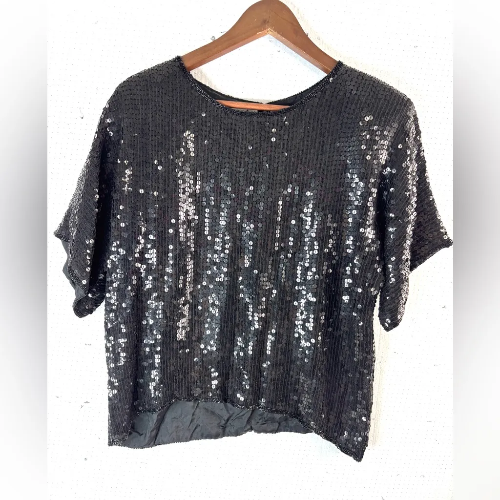 Chanson d’Amour Glam 80s Silk Black Beads Sequins Blouse Top Size L - Image 11