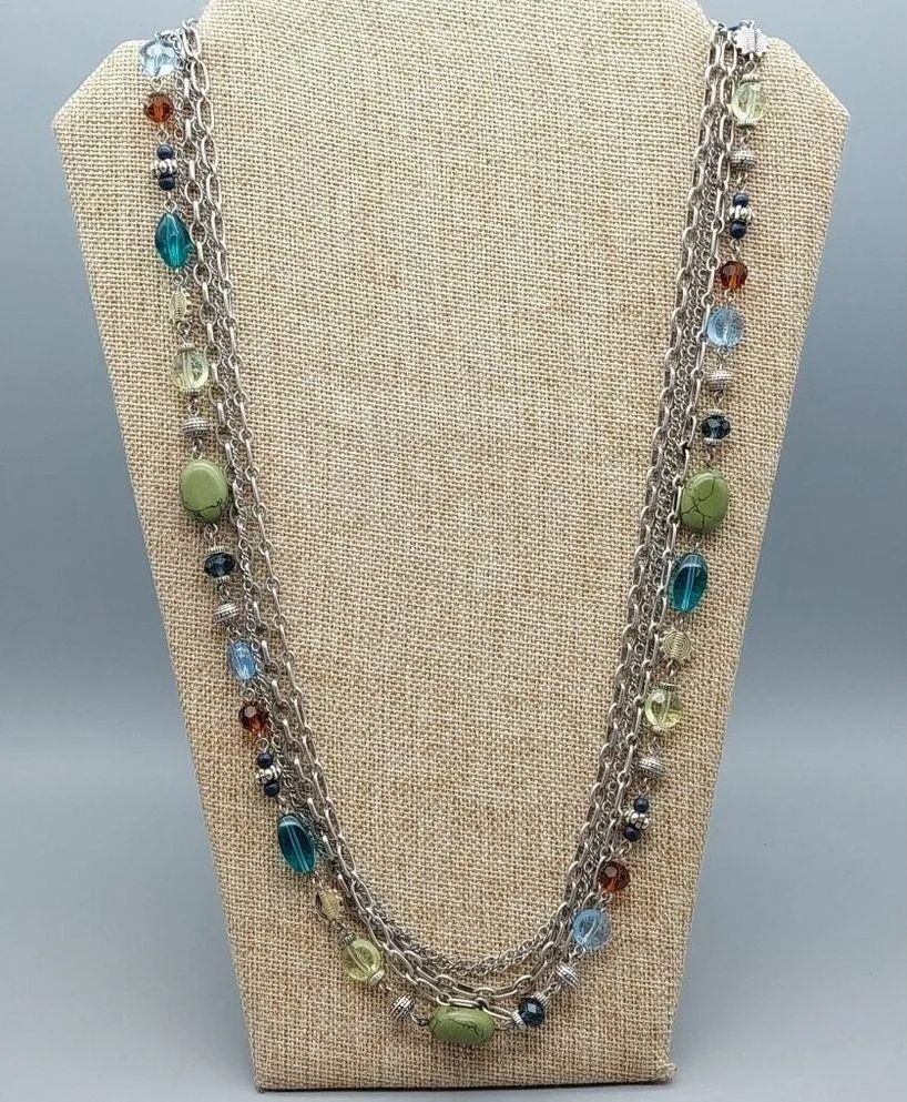 Premier Designs Silver Tone Multi Strand Chain Necklace Colorful Bead Stations - Image 5