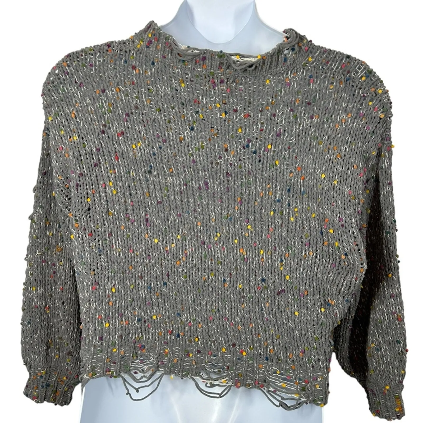 POL Distressed Sweater Small | Gray Ripped Sweater with Rainbow Confetti Detail - Image 9