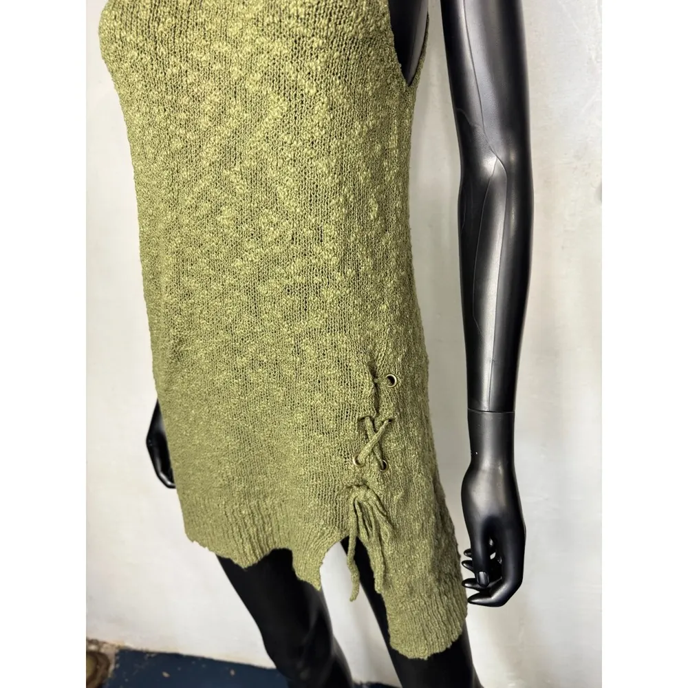Sun shadow Sleeveless Knit Sweater Dress Olive Green Lace Up Side Detail Casual - Image 3